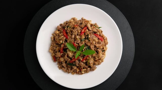Duck meat,Stir Fried minced duck meat with Thai Basil leave in white plate.asian spicy food.Top view.(Pad Krapow ped)