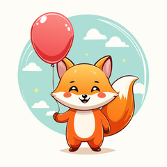 Obraz premium Kawaii vector mascot of a happy fox holding a balloon, rounded shapes, bold outlines