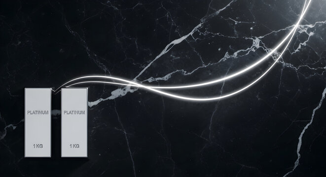 Two platinum bullion bars weighing 1 kg on black marble texture with upward curving glowing lines symbolizing rising prices and investment growth in the commodities market