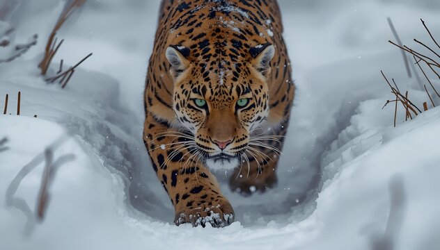 Amur Leopard Walking Through Snow In Winter Forest.