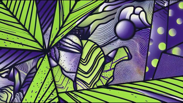 Vibrant abstract scene with geometric shapes, lush leaves, and colorful patterns in neon green, purple, and blue
