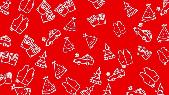 Plain Red pattern with car, temple, vest, and watermelon doodles. Suitable for summerthemed designs, stationery, and product packaging.