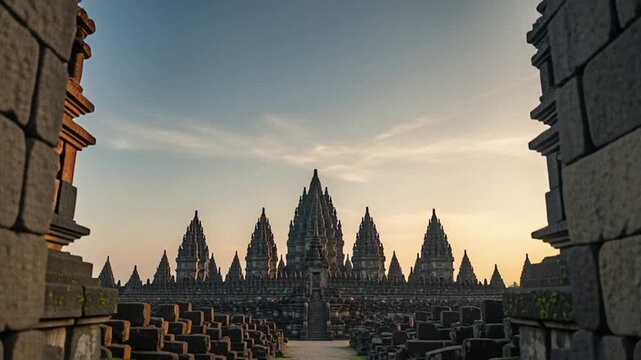 Ancient Prambanan Temple Complex in Indonesia at Sunset.
