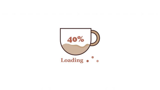 Modern looping coffee loading animation with progress bar from 0 to 100. Liquid fills glass mug on loading bar. Clean 4K motion graphic with alpha channel for UI and app screens.
