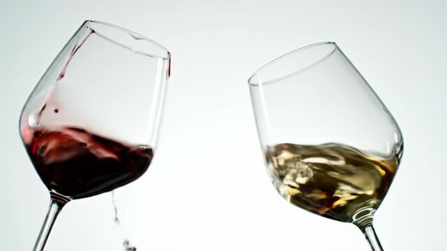 Ultra slow-motion video of two elegant wine glasses with red and white wine clinking, creating a dramatic splash against a pristine white background. Concept for luxury beverage advertising