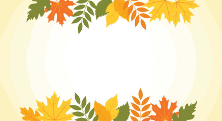 Obraz premium Autumn background with a decorative border of colorful fall leaves at the top and bottom, with ample copy space in the center.