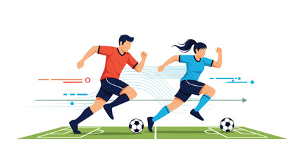 Obraz premium Male and female soccer players running and dribbling balls on the field, competing in a dynamic and energetic football match.