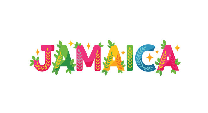 Colorful and festive "Jamaica" lettering decorated with green leaves and sparkles, representing the vibrant culture of the island.