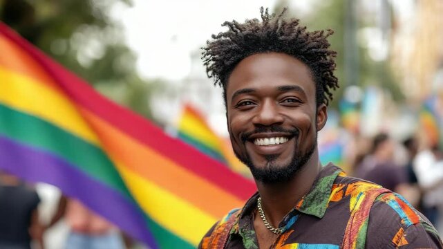 The man is smiling and happy in a crowd of people holding rainbow flags.