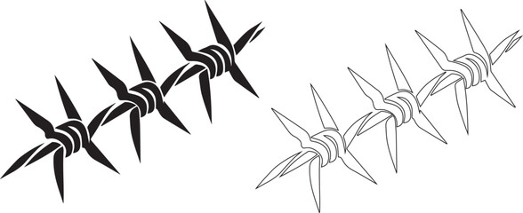 barbed wire fence with sharp spikes in black and white isolated vector art.
