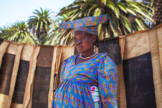 Authentic image of a Herero woman in Namibia, showcasing traditional attire, distinctive headwear, and handmade accessories. A powerful glimpse into Africa&rsquo;s rich cultural heritage, identity