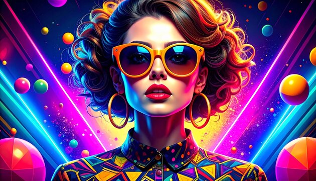 Funky 90s neon fashion portrait, stylish sunglasses, colorful geometric shapes, retro pop art, bold vibrant aesthetic, playful patterns, bright colors, nostalgic retro style.
