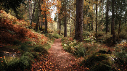 Enchanting autumn forest path winding through trees with fallen leaves and ferns.
