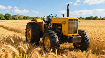 Obraz premium Yellow Tractor in Golden Wheat Field with Blue Sky