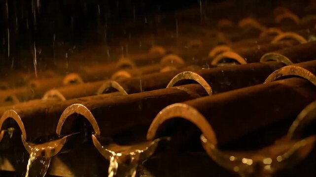Rain on Tiled Roof Tiles Detailed Stock Footage Rainy Weather Wet Surface Water Drops Flowing Down Nighttime Storm Scene Rainstorm Climate