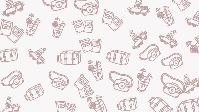 Repeating pattern of travelrelated items in pale brown. Perfect for travel blogs, vacation advertisements, and wanderlustthemed designs.