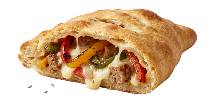 Sausage-and-peppers calzone cross-section with charred pepper shine and cheese oozing in slow beads