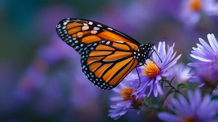 Obraz premium Close-up side profile of a Monarch butterfly with striking orange and black wings on a vibrant purple flower.