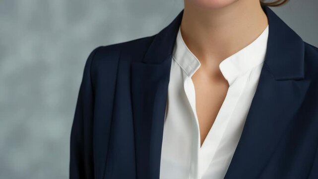 The shows the back of a woman wearing a business suit and blouse. She is standing against a neutral background. The focus is on her attire, which suggests professionalism and formality.