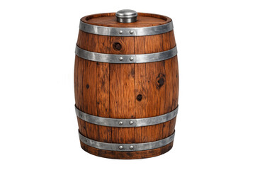 Obraz premium Wooden barrel with metal hoops, an oak cask for storing wine or whiskey, brewing and vintage drinks concept