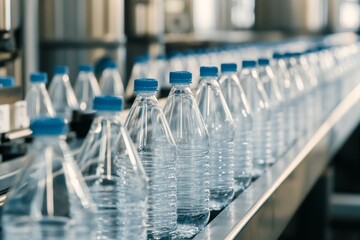 Automated production line moves clear plastic bottles for bottled water at a manufacturing facility