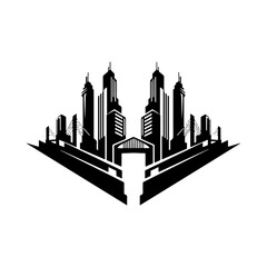 Fototapeta premium Symmetrical black and white vector cityscape illustration of modern urban skyline with skyscrapers, bridges, and abstract architecture