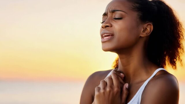 Young woman clutching chest and throat in pain then calming down at sunrise beach close up