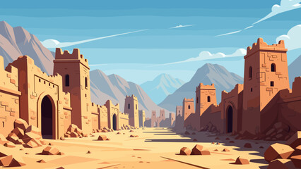 Obraz premium Ancient desert castle landscape with mountains and blue sky