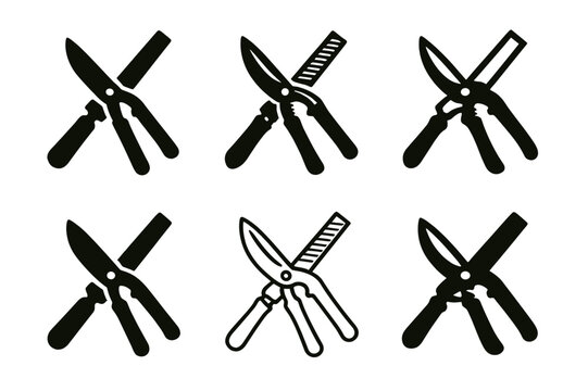 Sharpening Tools Icons. Sharpening gardening tools. Icon set. Set Logo of sharpening gardening tools: hand file and shears. harmonious logo variations of the