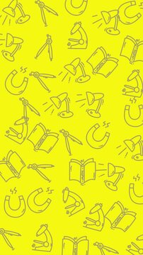 Plain yellow pattern background with microscopes, magnets, lamps, books, and compasses. Suitable for science, education, and researchrelated designs.