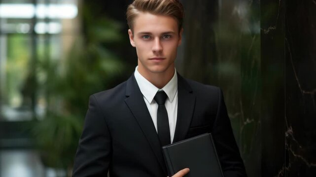 A young man dressed formally for a professional setting, carrying a briefcase and walking with purpose.