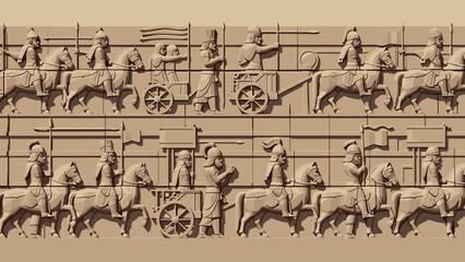 Obraz premium Ancient relief of assyrian warriors in procession on horses and chariots