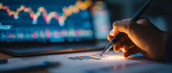 A professional closely analyzes financial data on a paper document, using a pen to highlight important points while digital charts display trends in the background