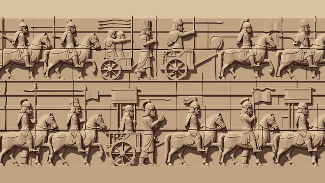 Ancient relief of assyrian warriors in procession on horses and chariots