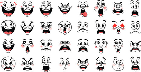 Obraz premium Cartoon facial expression icons, emotional character faces, anime style blush cheeks, vector emoji set