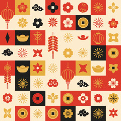 Vibrant Cultural Symbols and Ornaments in a Grid Pattern
