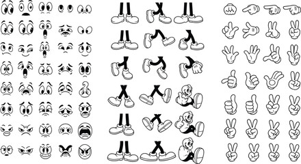 Retro cartoon character body parts set, vintage comic eyes hands and legs vector illustration, black white animation elements, © VectoVerse