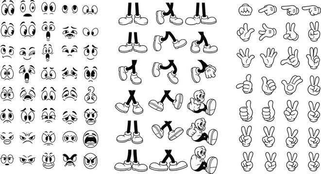 Retro cartoon character body parts set, vintage comic eyes hands and legs vector illustration, black white animation elements,