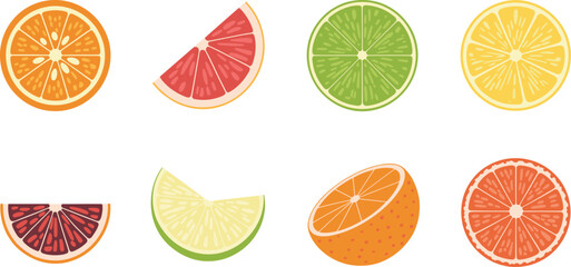 Obraz premium Citrus fruit slice vector illustration set, orange lemon lime grapefruit segments, fresh colorful healthy food design collection