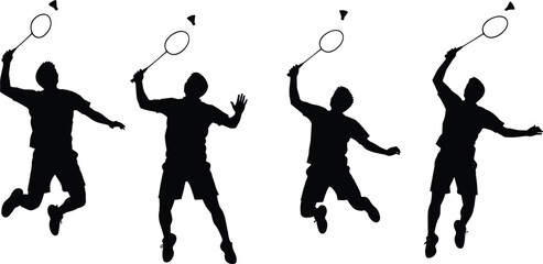 Obraz premium Black silhouette vector illustration set featuring male badminton players jumping and smashing shuttlecocks for sports competition athletic training and active lifestyle branding design