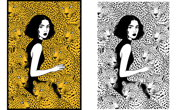 Surreal Woman Portrait With Leopard Pattern Background, Black and White Graphic Art With Wild Animal Texture and Feminine Power Concept