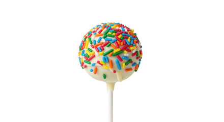 Colorful sprinkles cake pop on stick, isolated on white background