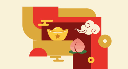 Festive Illustration Featuring Golden Ingots and Peony Flowers in Red and Gold Tones