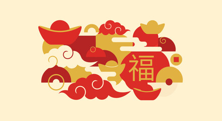 Celebration of traditional Chinese New Year with symbolic elements and ornaments in a festive design