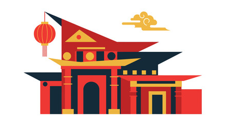 Traditional Asian temple with red lanterns and ornate architecture illustration from a front viewpoint