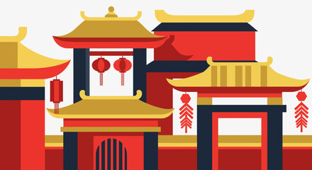 Traditional Chinese Architecture Illustration Featuring Pagodas, Gateways, and Ornate Details in Vibrant Red and Gold