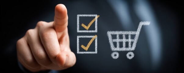 Hand pointing at checkboxes and shopping cart icon in a digital interface.
