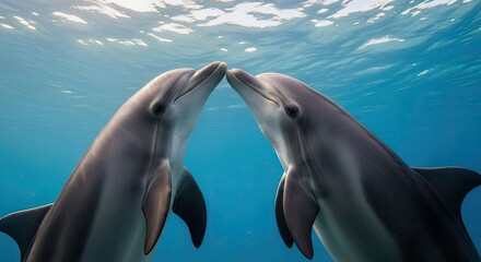 Naklejka premium Two dolphins touching noses underwater in a serene ocean environment