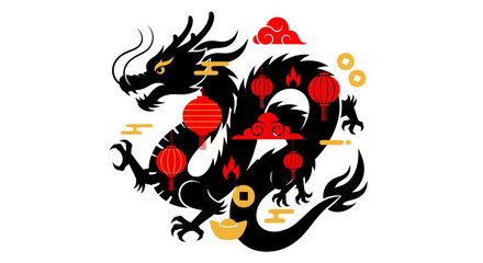 A majestic dragon illustration surrounded by symbolic elements, viewed from a dynamic angle, set against a clean white background.