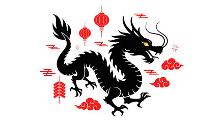 A majestic black dragon surrounded by red lanterns and ornaments in a festive environment viewed from the front